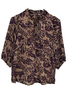 JOIE Small Women's Sheer Plum Purpl Beige Floral Tropical Sheer Top Blouse Lined